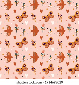 Seamless pattern, Spring and Easter pattern with flowers, rainbow, leaves