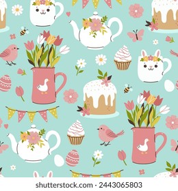 Seamless pattern with spring and Easter items. Vector graphics