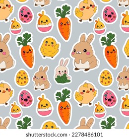 Seamless pattern with Spring Easter sticker set with rabbits and chickens and egg