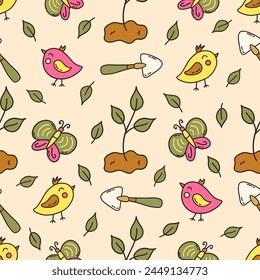 Seamless pattern with spring elements. Butterflies and birds, shovel and seedling, sprouted plant, green leaves. Colorful vector illustration hand drawn doodle. Spring print for fabric or paper