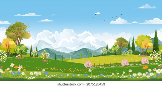 Seamless pattern Spring field with fluffy cloud on blue sky,Vector background banner Endless Cute cartoon panorama rural landscape green grass with honey bee flying on flowers in sunny day Summer