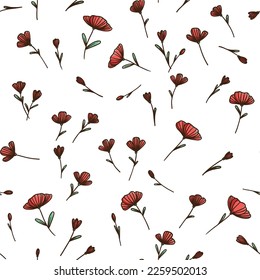 Seamless pattern with spring floral ornament. Red poppy flower. Opened bud. Handdrawn Print for greeting card, textile, fabric, curtains, tablecloth. Gift for March 8 for beloved woman, mom, mother