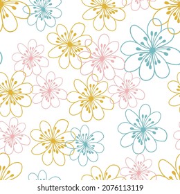 Seamless Pattern with spring Floral Sketches. Raster Texture for Banner, Invitation or Textile Design.Vintage floral white background. Flowers pattern with small colourfull flowers on a white 