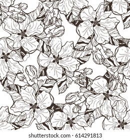 Seamless pattern with spring flowers of apple tree, hand drawing. Vector illustration