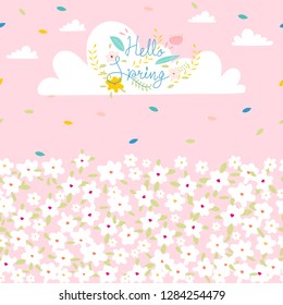 Seamless pattern spring flowers background, Cute cartoon Hand drawn lettering hello spring with flowers on pink pastel,Vector cute flowers with calligraphy hello spring with white floral background 