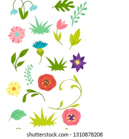 Seamless pattern with spring flowers. Beautiful decorative natural plants, buds and leaves.