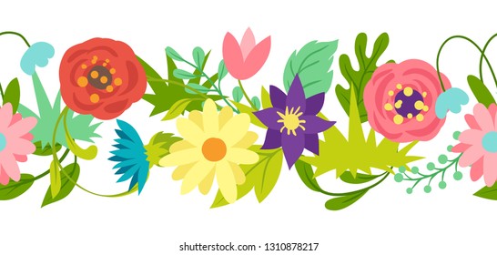 Seamless pattern with spring flowers. Beautiful decorative natural plants, buds and leaves.