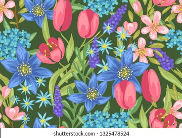 Seamless pattern with spring flowers. Beautiful decorative natural plants, buds and leaves.