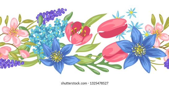 Seamless pattern with spring flowers. Beautiful decorative natural plants, buds and leaves.
