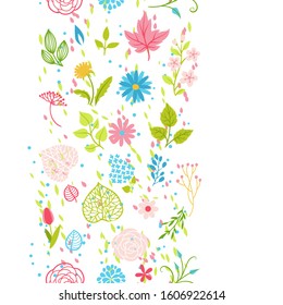 Seamless pattern with spring flowers. Beautiful decorative natural plants, buds and leaves.