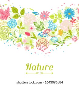 Seamless pattern with spring flowers. Beautiful decorative natural plants, buds and leaves.