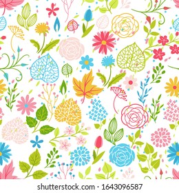 Seamless pattern with spring flowers. Beautiful decorative natural plants, buds and leaves.
