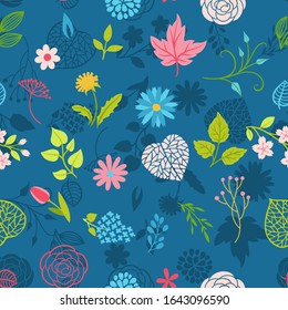 Seamless pattern with spring flowers. Beautiful decorative natural plants, buds and leaves.