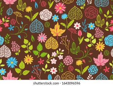 Seamless pattern with spring flowers. Beautiful decorative natural plants, buds and leaves.