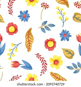 Seamless pattern with spring flowers. Beautiful decorative natural plants and leaves.