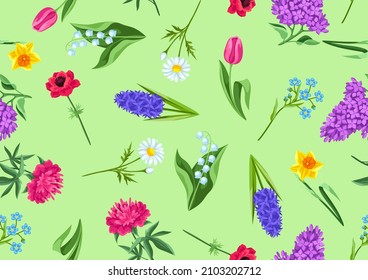 Seamless pattern with spring flowers. Beautiful decorative bouquet of blooming plants.