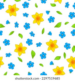 Seamless pattern with spring flowers. Beautiful decorative bouquet of blooming plants.