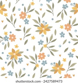 Seamless pattern with spring flowers, berries and branches. printing on wrapping paper. Vector illustration