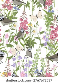 seamless pattern with spring flowers and bird, vector drawing wild plants, butterfly and European crested tit at white background, hand drawn botanical illustration