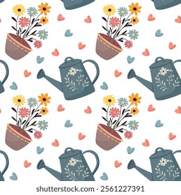 Seamless pattern, spring, flowers, birds have arrived, letter, birdhouse, flowers in a pot, watering can. For fabric design, packaging