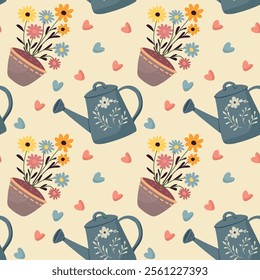 Seamless pattern, spring, flowers, birds have arrived, letter, birdhouse, flowers in a pot, watering can. For fabric design, packaging