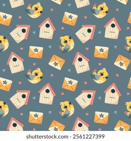 Seamless pattern, spring, flowers, birds have arrived, letter, birdhouse, flowers in a pot, watering can. For fabric design, packaging