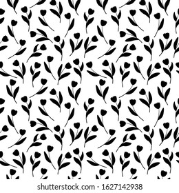 Seamless pattern of spring flowers of black tulips on a white background. Stock vector illustration for decoration and design, packaging, wallpaper, fabrics, postcards, web pages, wrapping paper