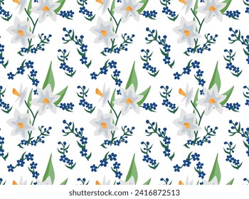 Seamless pattern with spring flowers. Blue flowers and daffodils