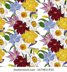 Seamless pattern with spring flowers. Bright multi-colored flowers, clematis and daffodils. Hand drawing, botanical illustration. For packaging, wallpaper, fabric, clothing, invitations.