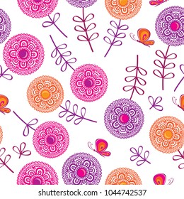 Seamless pattern with spring flowers and butterflies for textile, wallpapers, gift wrap and scrapbook. Vector illustration.