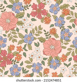 Seamless pattern with spring flowers, cherry blossom, narcissus and other flowers. Vector illustration.