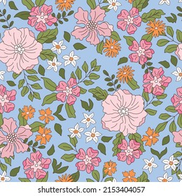 Seamless pattern with spring flowers, cherry blossom, narcissus and other flowers. Vector illustration.