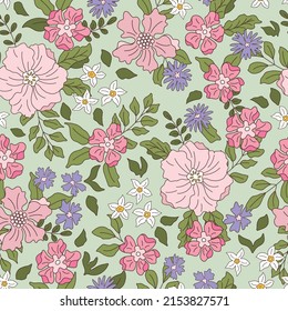 Seamless pattern with spring flowers, cherry blossom, narcissus and other flowers. Vector illustration.