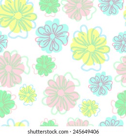 Seamless pattern with spring flowers. Colored silhouettes of flowers on white background.