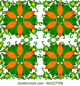 Seamless pattern with spring flowers. Cover, background. Orange and green colors. Vector illustration.
