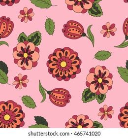 Seamless pattern with spring flowers. Cover, background. Red and green colors.