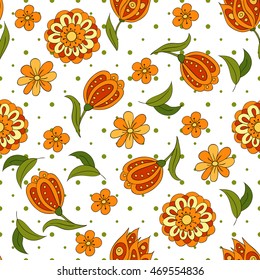 Seamless pattern with spring flowers. Cover, background. Orange and green colors. Spots
