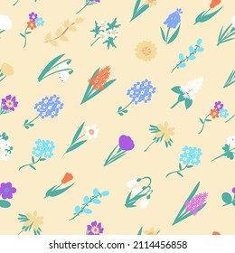 Seamless pattern with spring flowers in doodle style. A variety of spring flowers to a cute pattern for textiles and packaging.