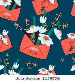 Nahtloses Muster mit Frühlingsblumen in Umschlägen.floraler Hintergrund mit botanischen Gestaltungselementen und Schriftzeichen.Flache Cartoon-Textur für den Druck auf Gewebe und Papier.handgezeichnete Vektorgrafik.