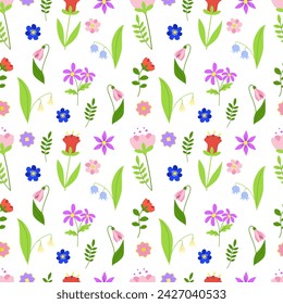 Seamless pattern of spring flowers, floral branches and green leaves. Multicolored blooming botanical ornament. Flat vector on white background