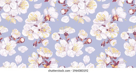 Seamless pattern with spring flowers of fruit trees on a light blue background. Apricot flowers realistic, vector plants for fabric, prints, gift cards, desktop wallpapers for computer. Surface design