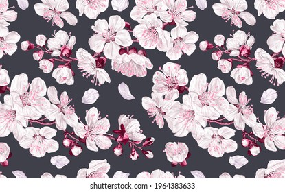 Seamless pattern spring flowers fruit trees on dark background. Apricot flowers, pink with white sakura. Realistic, vector plants for fabric, prints, gift cards, desktop wallpaper for the computer.