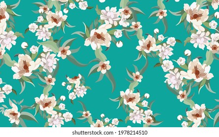 Seamless pattern spring flowers fruit trees on dark background.

