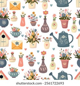 Seamless pattern Spring, flowers, gardener, watering can, flowers in a pot, heart, love, birdhouse, spring has come. Vector