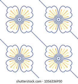 Seamless pattern of spring flowers in garlands. Dotted blue, yellow and orange color beads print of mosaic flower shapes. Vector Illustration.