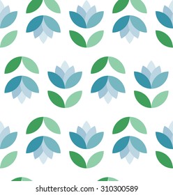 Seamless pattern of spring flowers in garlands. Floral print in fresh cool blue and mint green colors on white. Abstract Background. Vector Illustration.