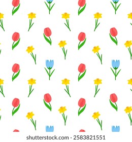 Seamless pattern with spring flowers and green leaves on a transparent background. Cute floral print for textile, wrapping paper. Vector