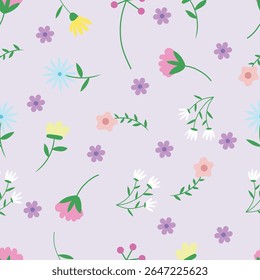 Padrão sem costura com flores de primavera e folhas verdes no vetor de fundos azul macio.