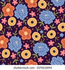 Seamless pattern spring flowers. Hand drawn decorative floral background. Summer meadow bouquet, yellow blue and orange blossoms, decor textile, wrapping paper, botanical wallpaper, vector print