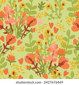 Seamless pattern with spring flowers, herbs and hearts, hand drawn style vector illustration